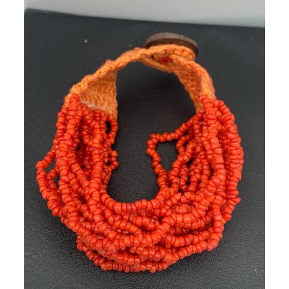 Vintage Handmade Bright Orange Seed Beed With Crochet Closure Bracelet